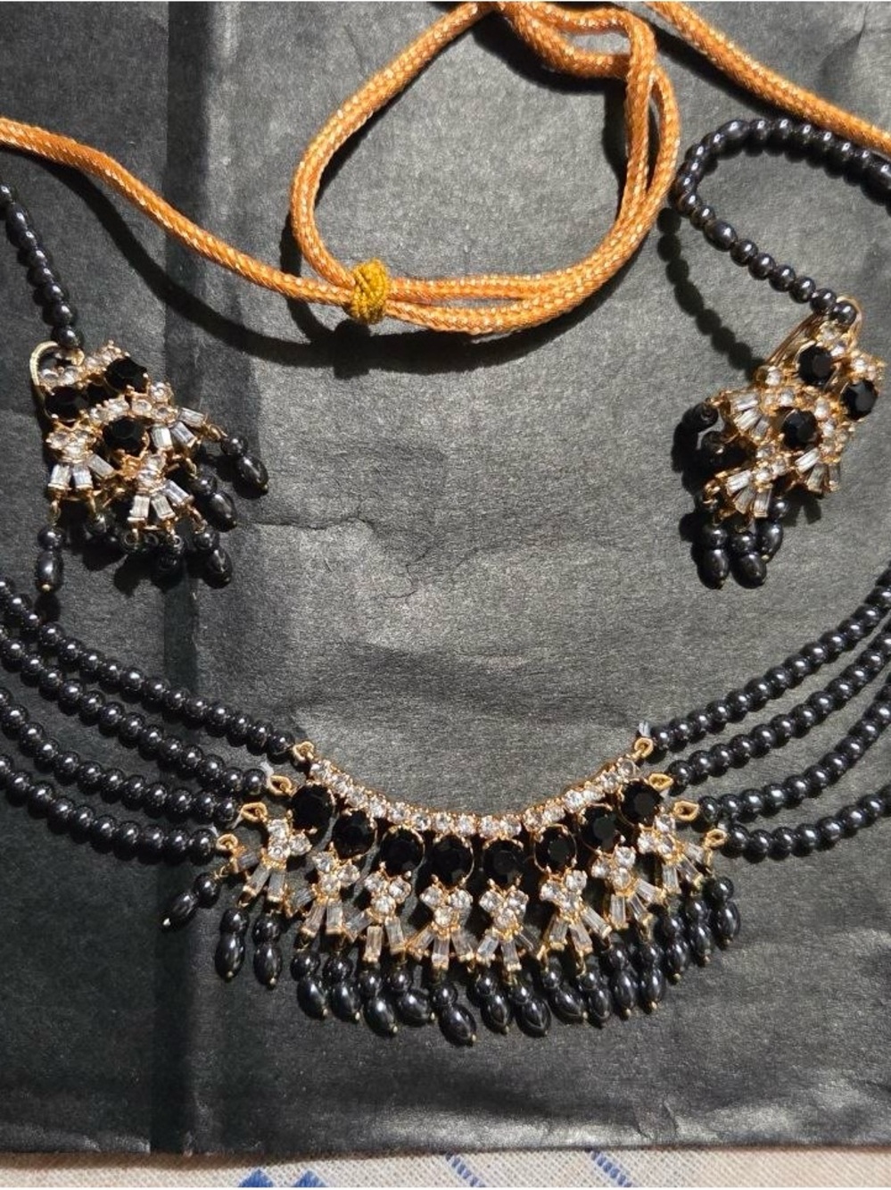 Elegant Black Beaded Necklace and Earrings Set - Gold Accent